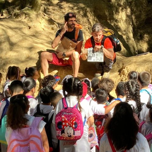 Guies NaturActiva en colònies escolars explicant natura a grup de nens i nenes